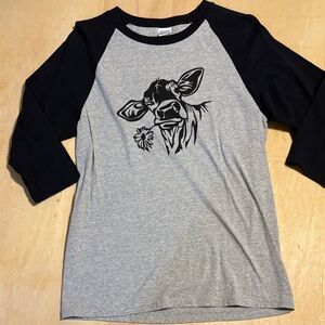 Gildan Gray and Black Ladies Small Raglan Tee with Cow Graphic
